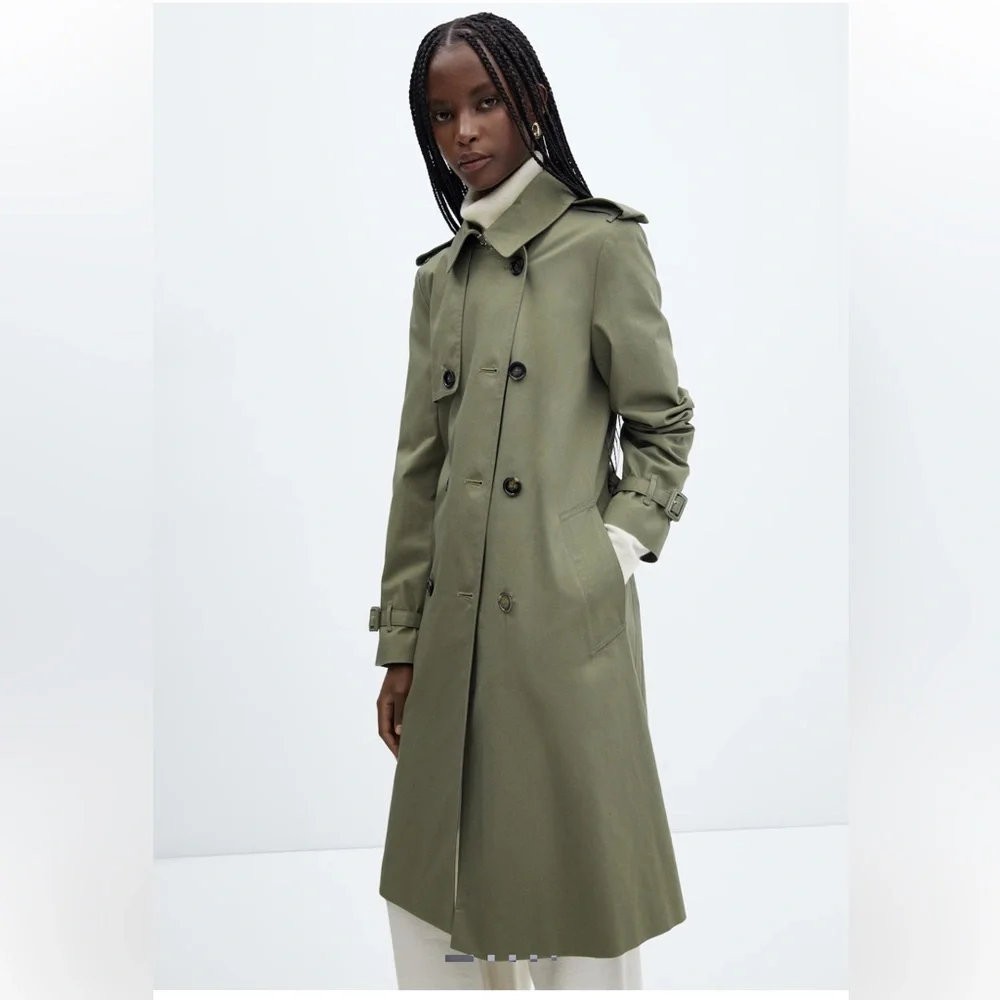 NWT Mango Classic Trench Coat with Belt Green Cotton Size S - Picture 2 of 13